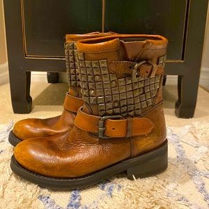 Ash Tennessee Biker Ankle Boots Chestnut Distressed Brown with Studs and Buckles